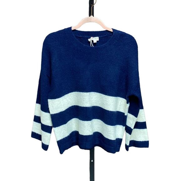 Hem & Thread Navy & Cream Bell Sleeve Sweater Size Small NWT - Picture 1 of 6